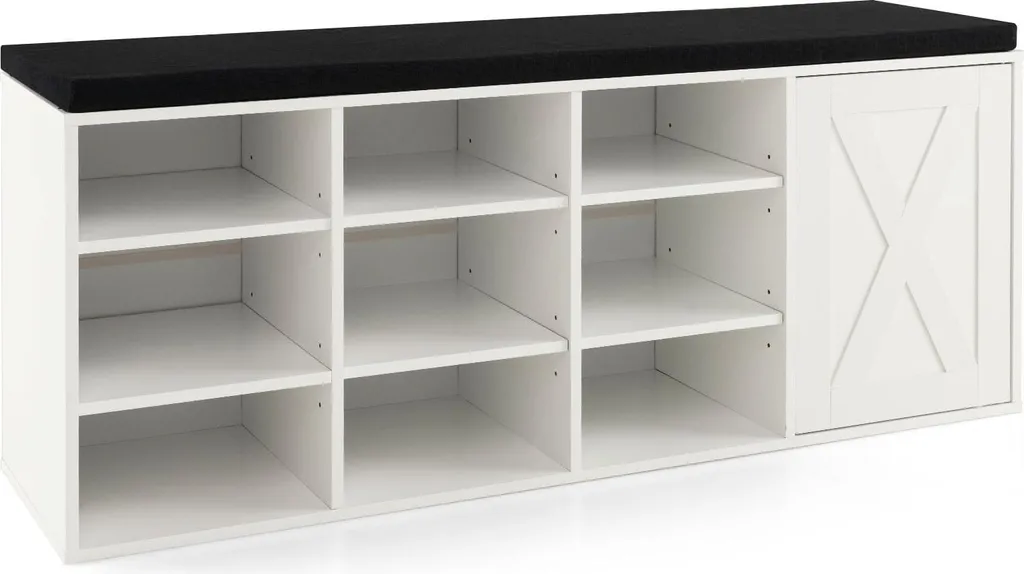Banc à chaussures blanc anti-désordre avec coussin moelleux et étagères ajustées