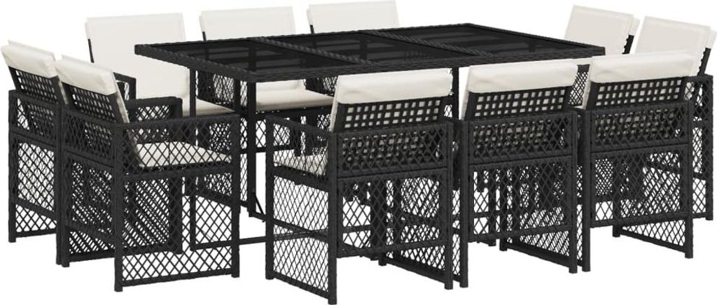 vidaXL 11-tlg. Garten-Essgruppe mit Kissen Schwarz Poly Rattan