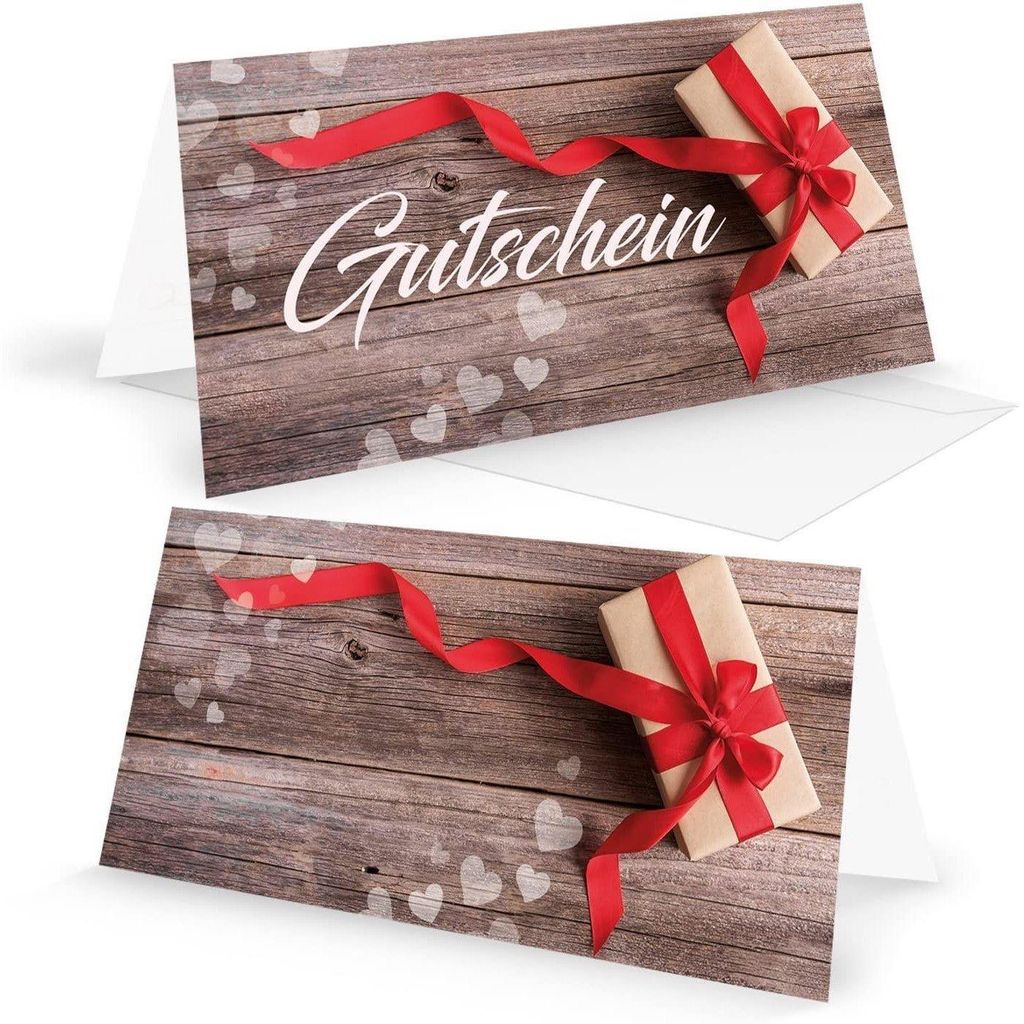 10 Stück Gutscheine Klapp-Karte Geschenkgutscheine rot weiß HERZEN SCHLEIFE für Kunden Mitarbeiter Freunde Geschenk zu Weihnachten Geburtstag Va...