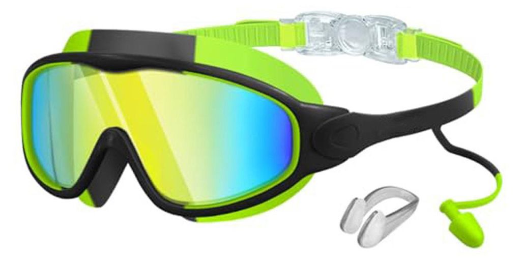 Schwimmbrille für Kinder mit Nasenclip und Ohrstöpseln, beschlagfrei, UV-Schutz, bruchsichere Gläser für Jungen und Mädchen