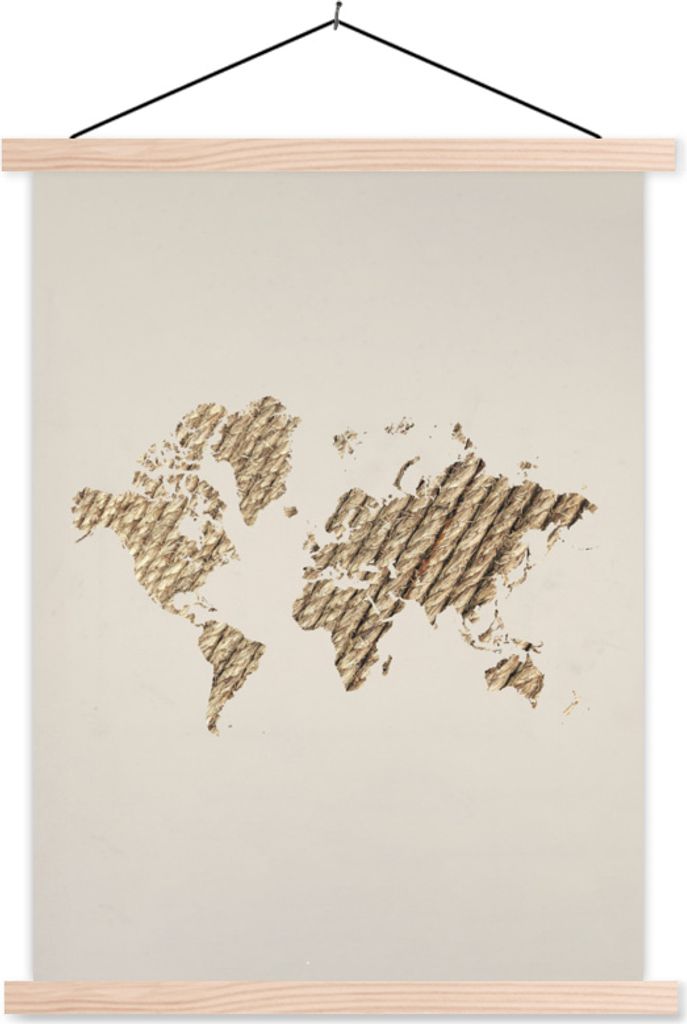 MuchoWow Textilposter Karte - Welt - Seil 120x160 cm mit holzfarbenen Rahmen - Plakatkarton
