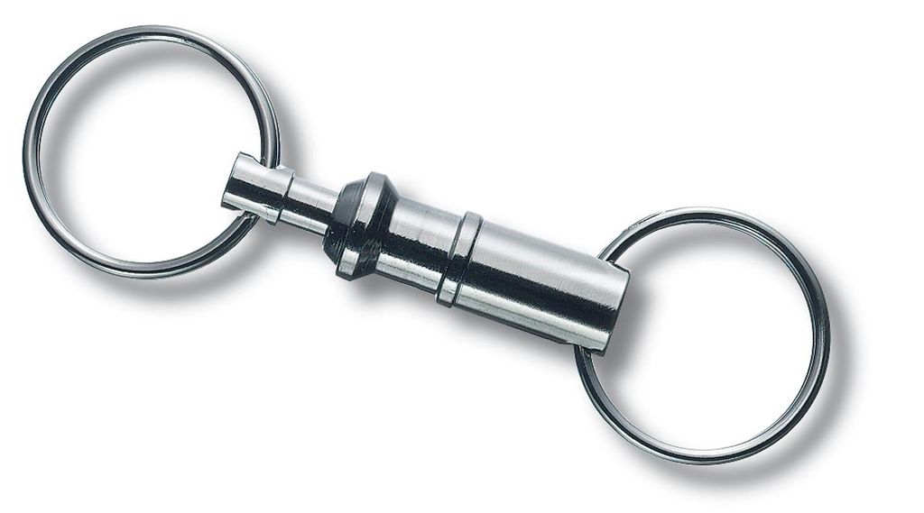 A silver-colored keychain coupling with two rings, shown against a white background.