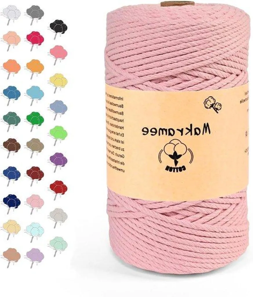 Fil à broder 3 mm x 100 m en coton doux rose pâle pour loisirs créatifs