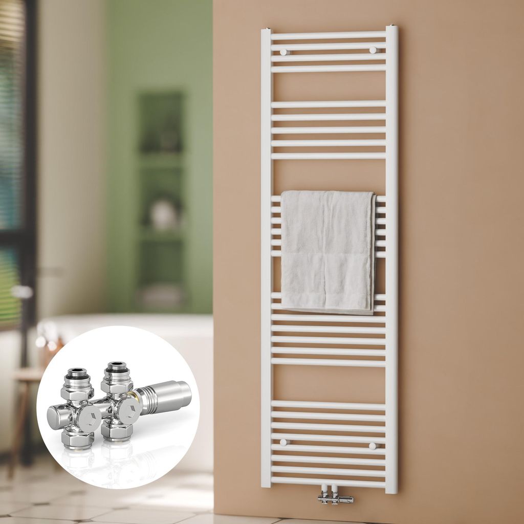 A white towel radiator with a towel hanging on it, mounted on a tan wall. A close-up inset shows a chrome valve system.