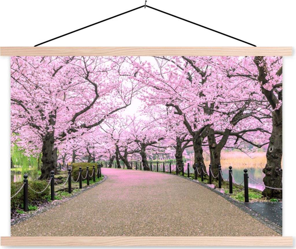 MuchoWow Textilposter Sakura - Frühling - Japan 120x80 cm mit holzfarbenen Rahmen - Aufhängeset