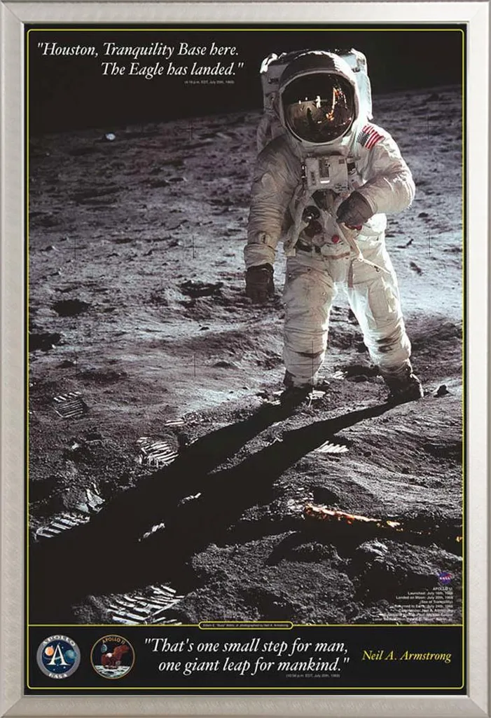 Affiche Éducative Premier Pas sur la Lune et Cadre Shinsuke Argenté