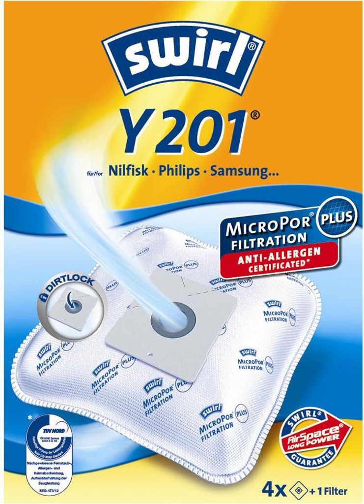 A package of Swirl Y201 vacuum cleaner bags, showing the product and its features.