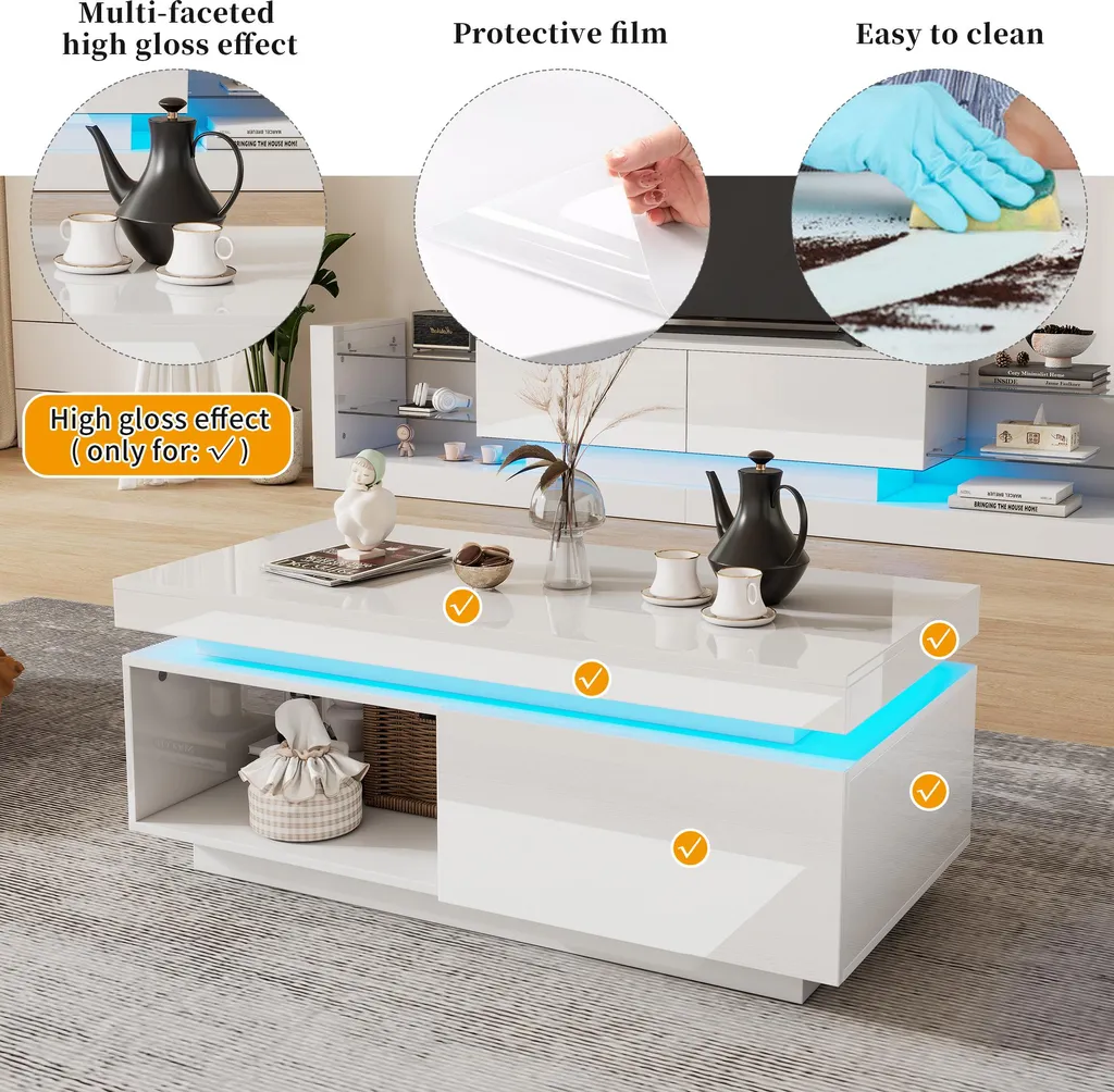 Sweiko Tavolino moderno lucido con illuminazione a LED, 100x50x40,3 cm - Elegante tavolino con cassetto e portata di 50 kg - 10