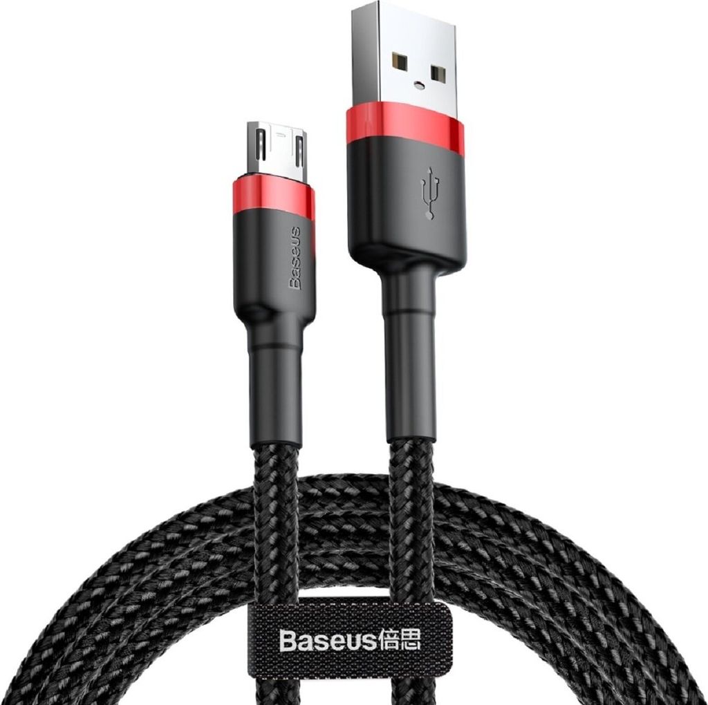 A black and red braided micro USB cable with a USB-A connector on one end and a micro USB connector on the other, laid out in a curved shape against a white background.