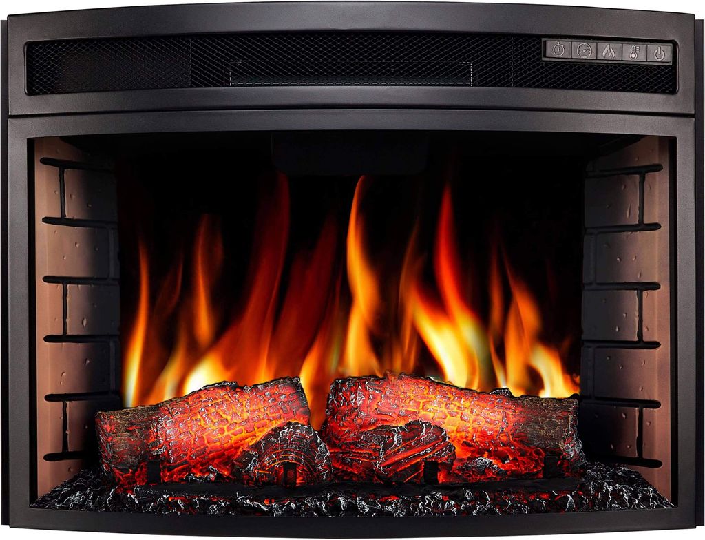 A close-up view of an electric fireplace with realistic flame effects and logs.