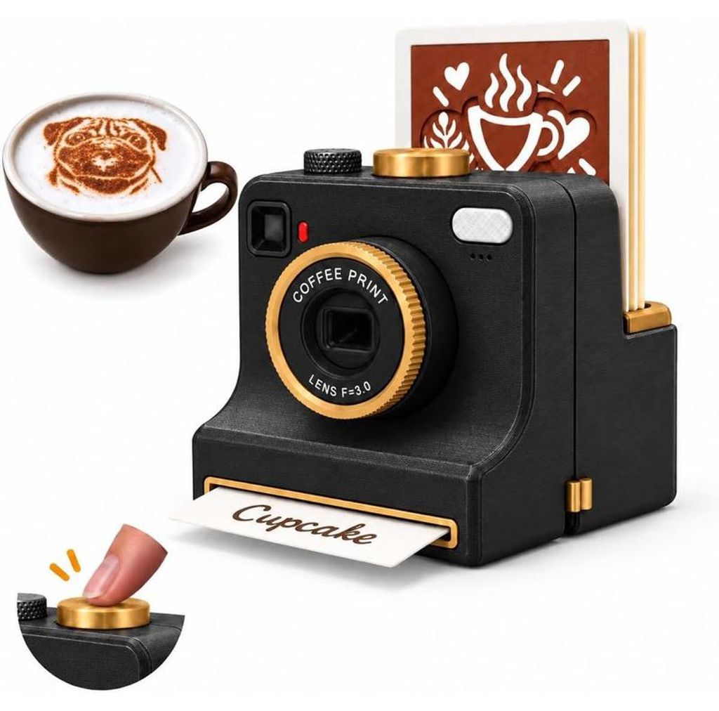Latte Art Schablone, Latte Art Kamera mit Puderstreuer, Produktbild 