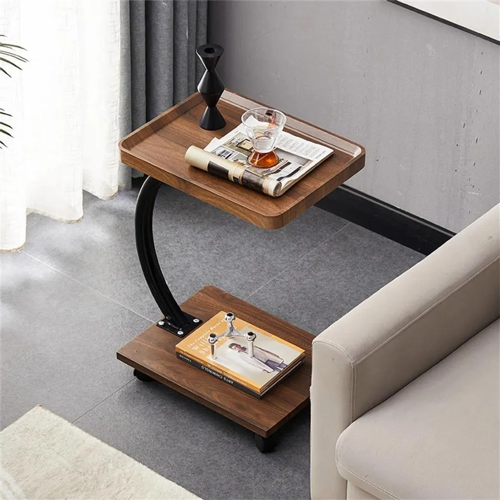 Table d'appoint mobile rectangulaire en noyer avec double rangement