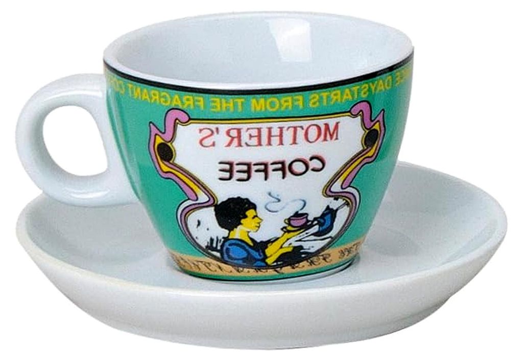 Espressotassen Set Bunt aus Porzellan, 4 Tassen mit Untertellern in Weiß, modernes Retro-Design