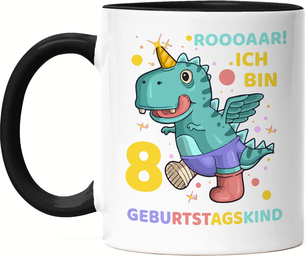 Roooaarr Ich Bin 8 Tasse Schwarz Dinosaurier Dino T-Rex Geburtstag Kindergeburtstag