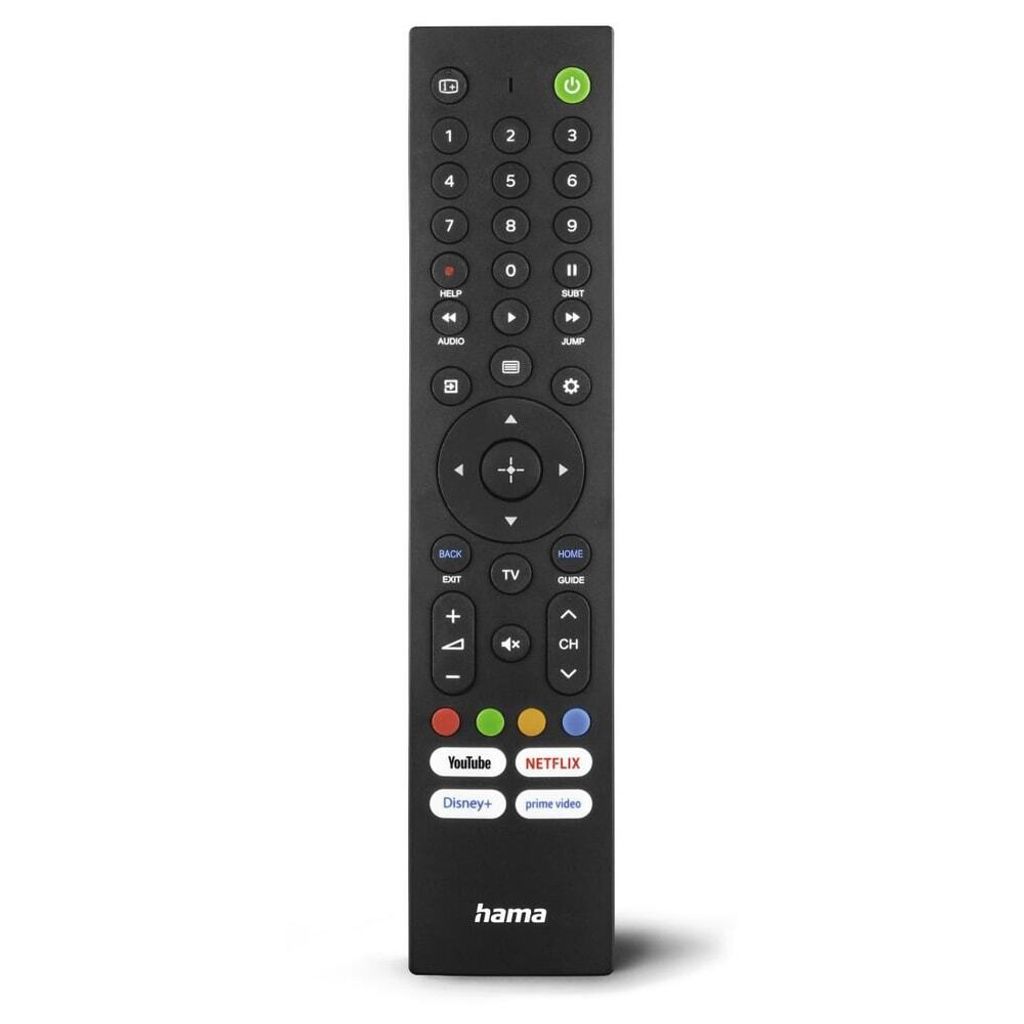 A black universal remote control is shown against a white background.