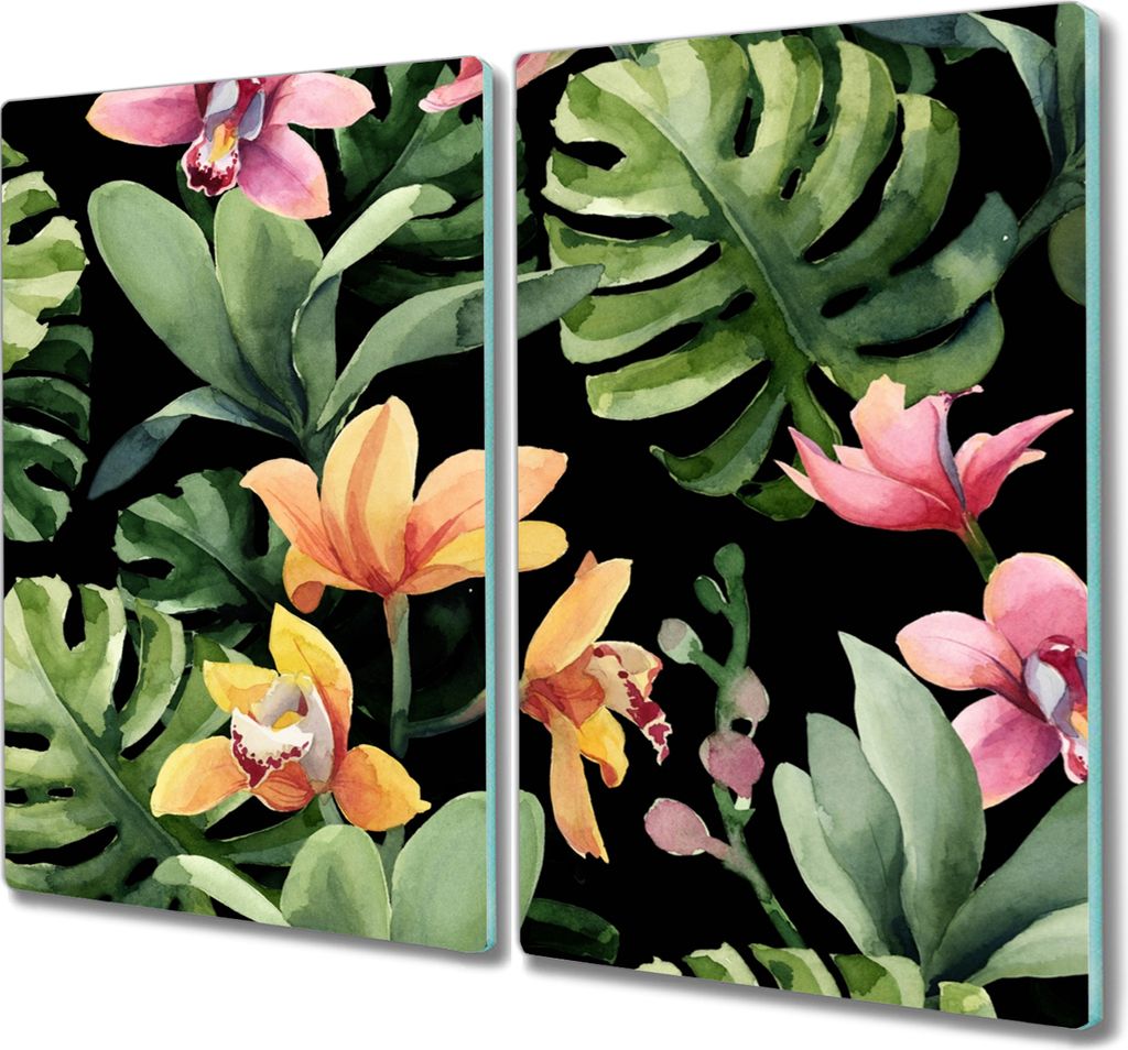 Coloray Herdabdeckplatte 2x30x52 cm Schneidebrett Kochplattenabdeckung Küchenbrett Hackbrett - Blumen Pflanzen