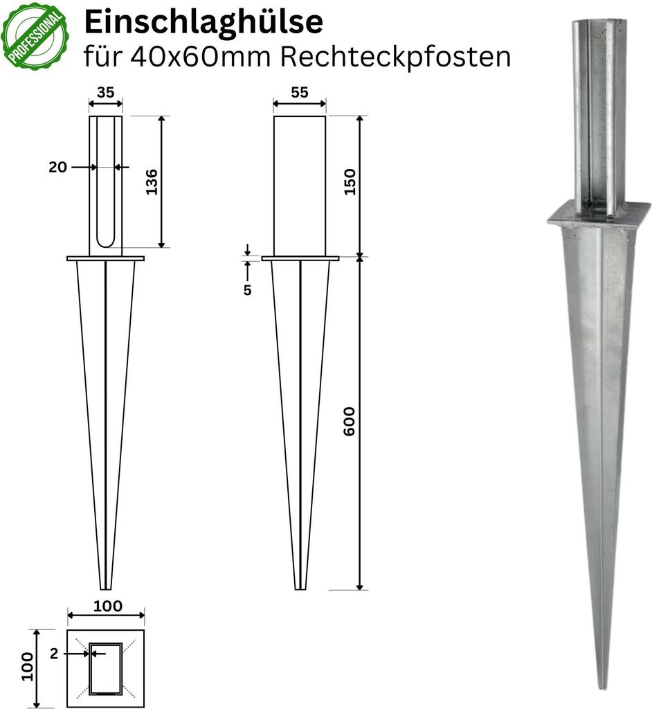 Einschlaghülse für Zaunpfosten 40 x 60 mm verzinkt