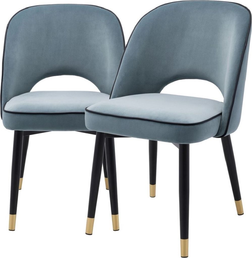 Casa Padrino Luxus Esszimmerstuhl Set Blau / Schwarz / Messing 53 x 56 x H. 84 cm - Esszimmerstühle mit edlem Samtstoff - Esszimmer Möbel