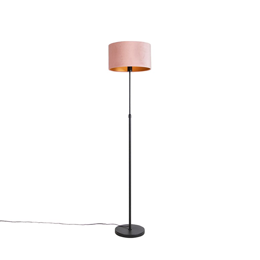 QAZQA - Landhaus I Vintage I Rustikal Stehleuchte I Stehlampe I Standleuchte I Lampe I Leuchte schwarz mit Veloursschirm rosé mit Gold I Messing 3...