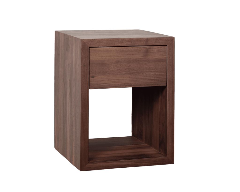 Nachttisch HUGO, griffloser Beistelltisch mit Schublade und Stauraum, Ablagetisch aus Nussbaumholz mit matt lackierter Oberfläche