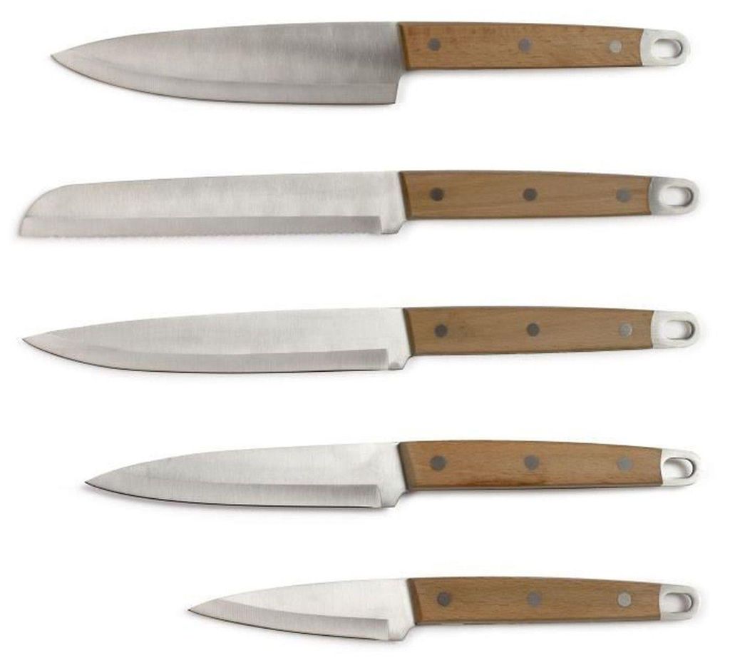 5 Edelstahlmesser mit Buchenholzgriffen – Kochmesser, Brotmesser, Küchenmesser, Tranchiermesser und Schälmesser