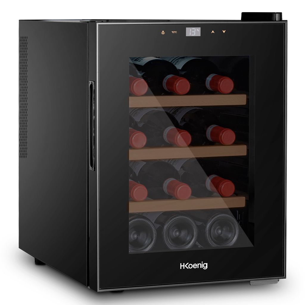H.Koenig AGE12 Weinkühlschrank / 12 Flaschen / Temperatur 11°C - 18°C / LED-Anzeige / Holzlagerböden