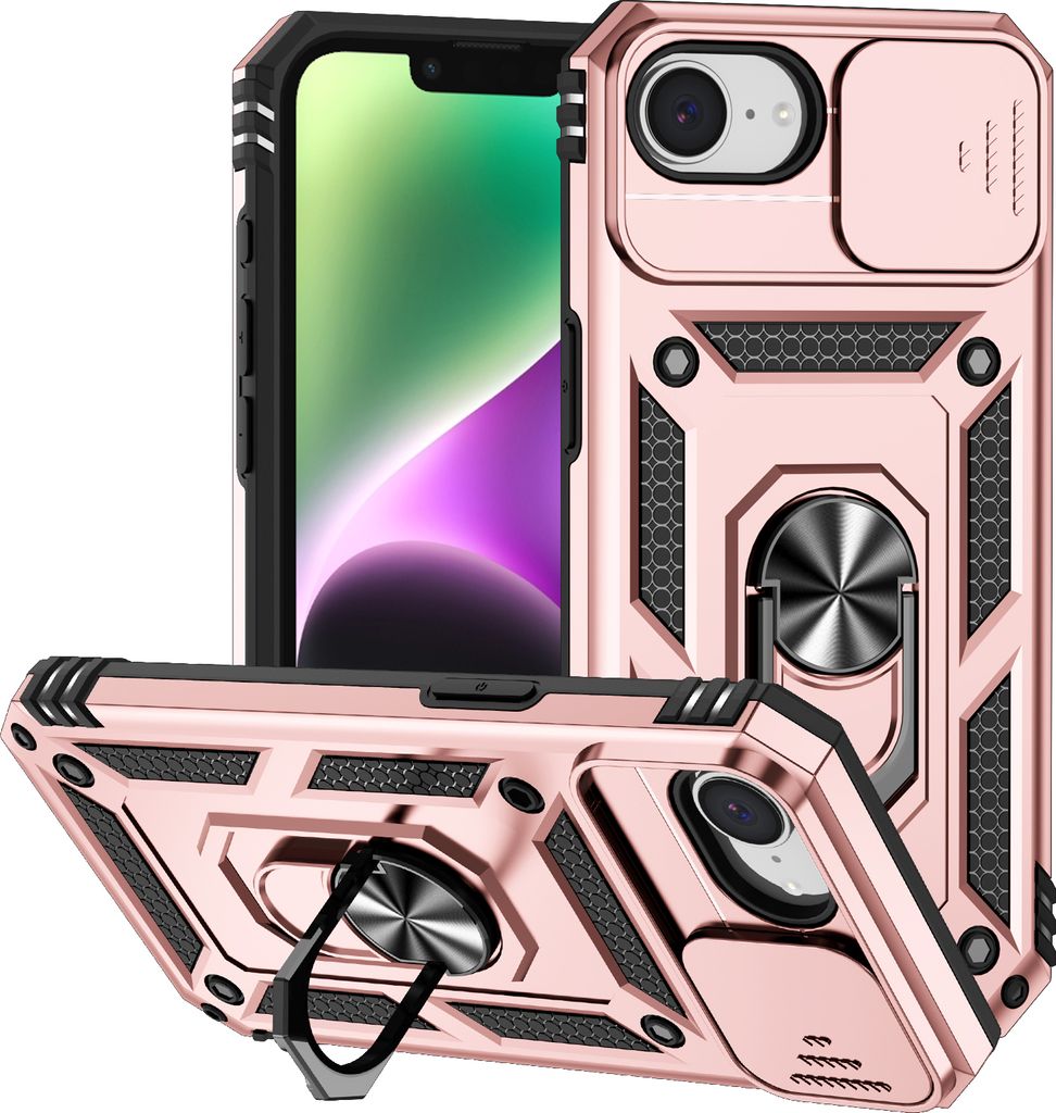 Hülle für iPhone 16e/iPhone 17e mit Schiebe Kamera Schutz und Ringhalter Ständer Hybrid Schutzhülle Rosa