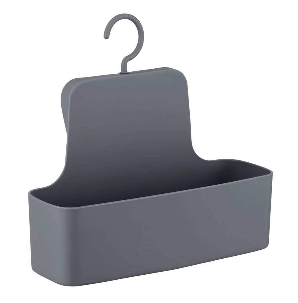A gray hanging shower caddy with a hook.