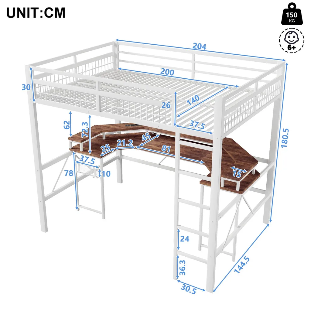 Lit enfant avec LED et bureau rangement, structure 140x200 cm blanc