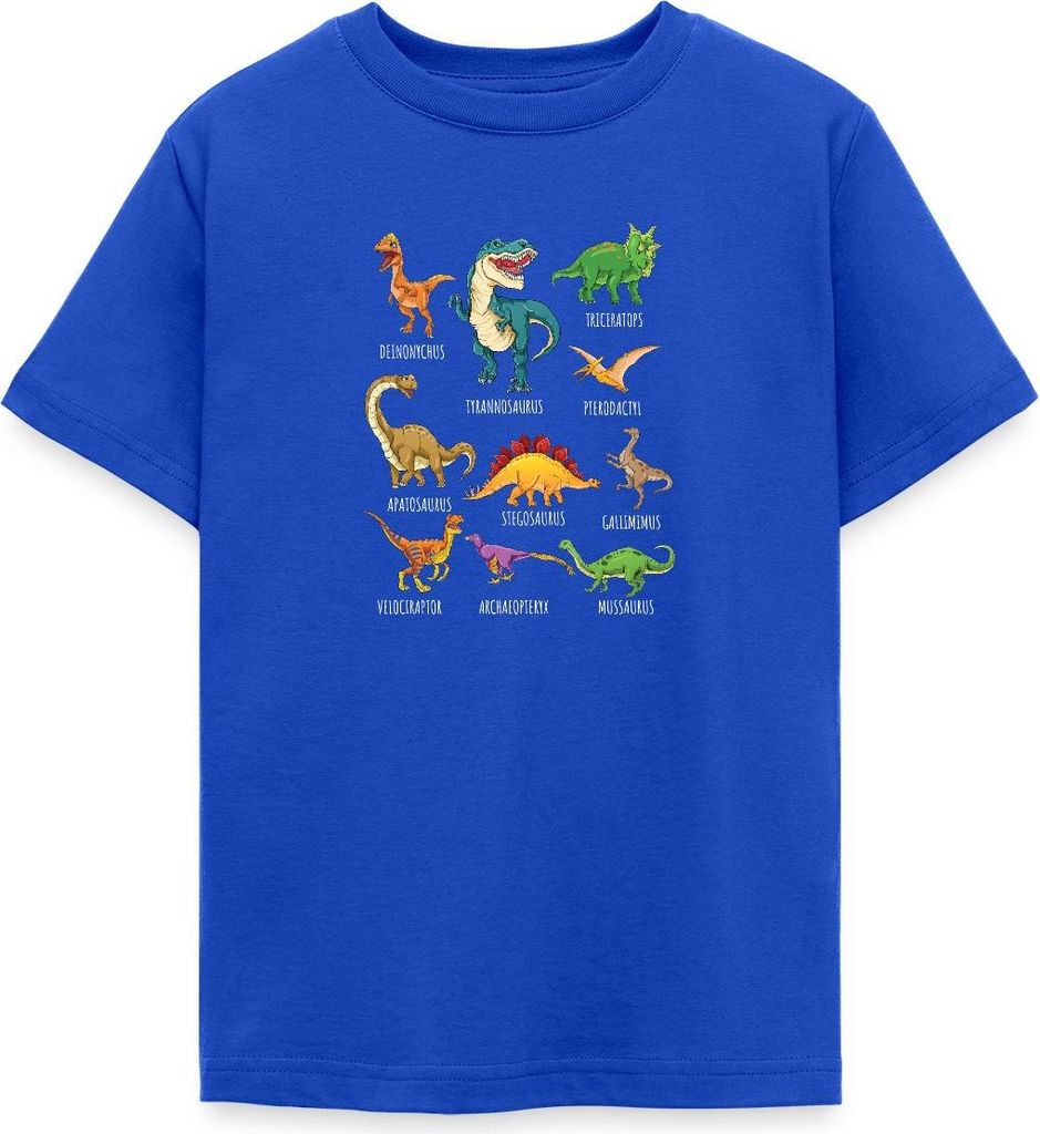 Spreadshirt Dinosaurier Arten Übersicht Dino T-Rex Comic Teenager T-Shirt, 152/164 (12-14 Jahre), Royalblau