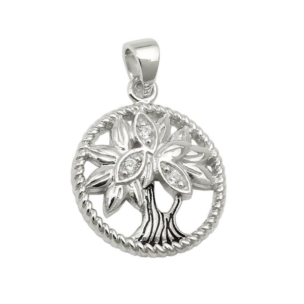 Anhänger 15mm Lebensbaum mit Zirkonias glänzend rhodiniert geschwärzt Silber 925 silber 15mm