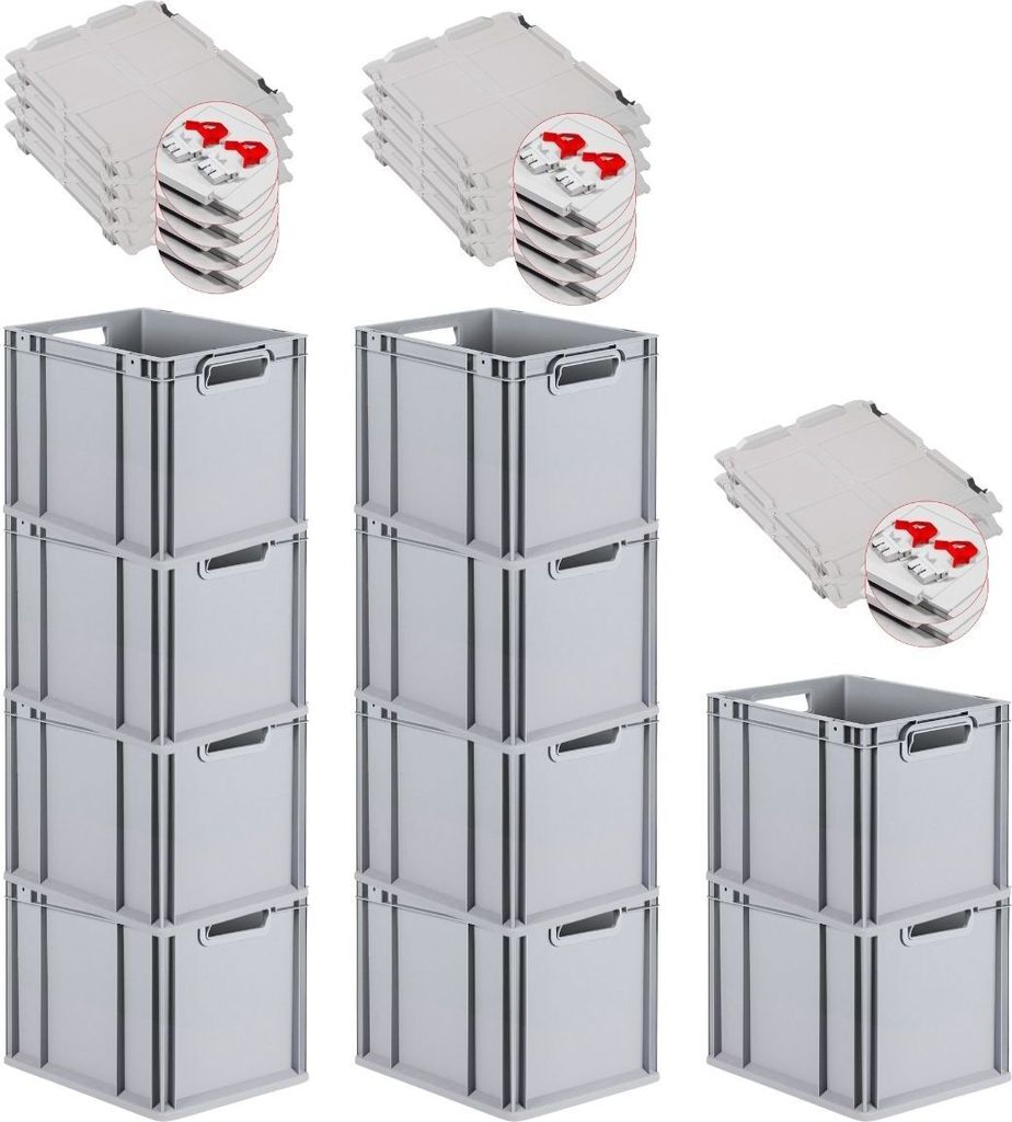 SuperSparSet 10x Eurobox NextGen Grip mit Scharnierdeckel und roten Schiebeschnappverschlüssen | HxBxT 32x30x40cm | 30 Liter | Griffe offen | Glat...