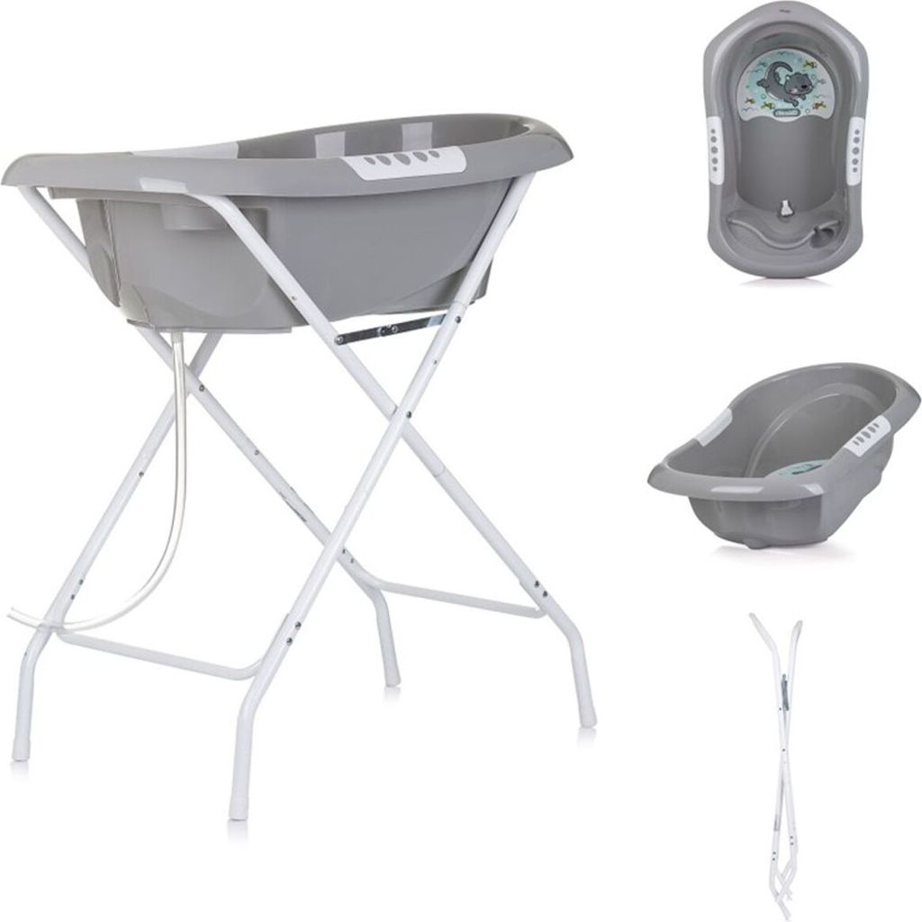 A collage of images showing a baby bathtub with a stand, a top view of the bathtub, and a side view of the bathtub.