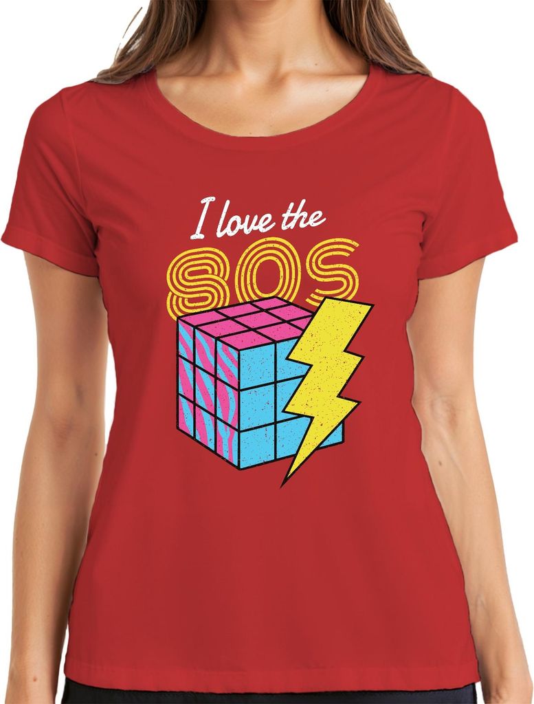 I love the 80s 80er Retro Neon Achtziger Zauberwürfel Blitz Pop Damen T-Shirt, Rot, L