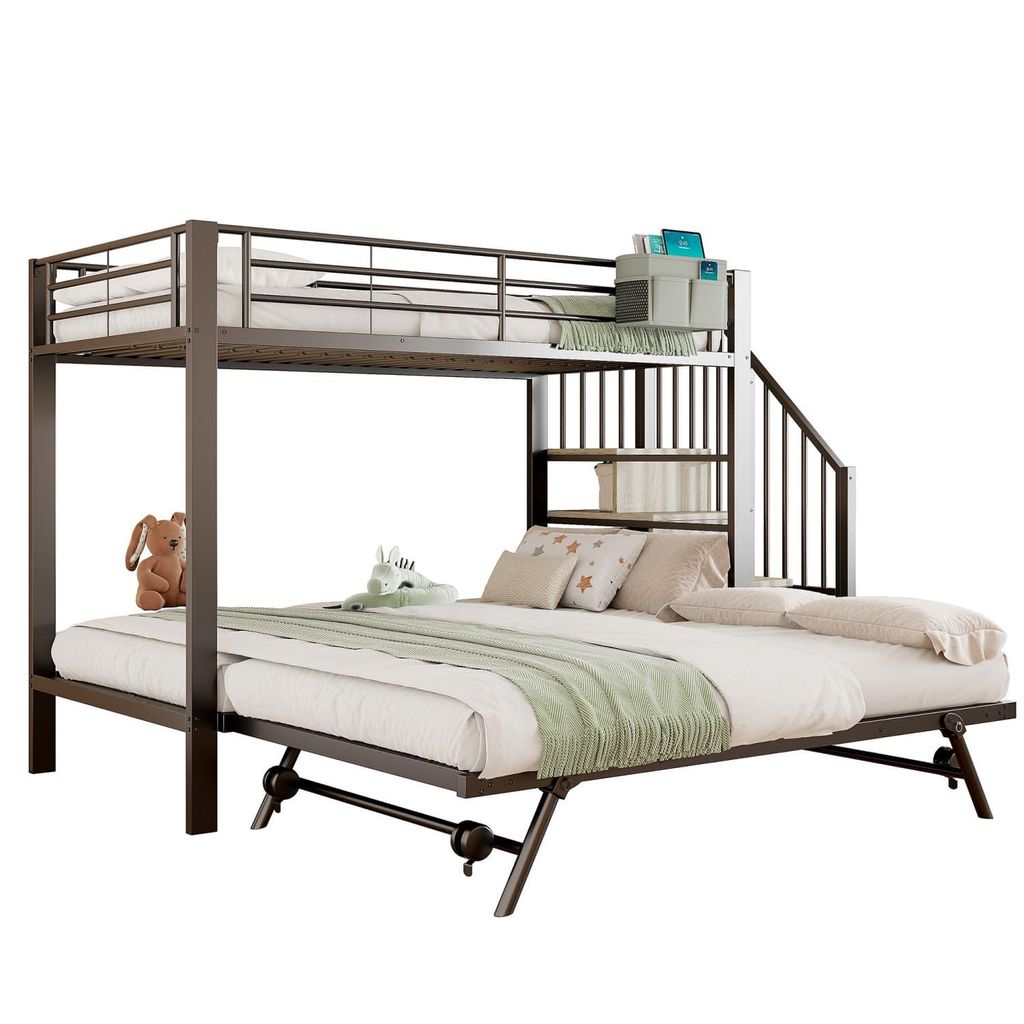 Etagenbett, 90 x 200 cm, 180 x 200 cm, Eisenrahmen, Multifunktionales Ausziehbett-Design, Stofftasche, Treppenkonstruktionen mit Stauraum