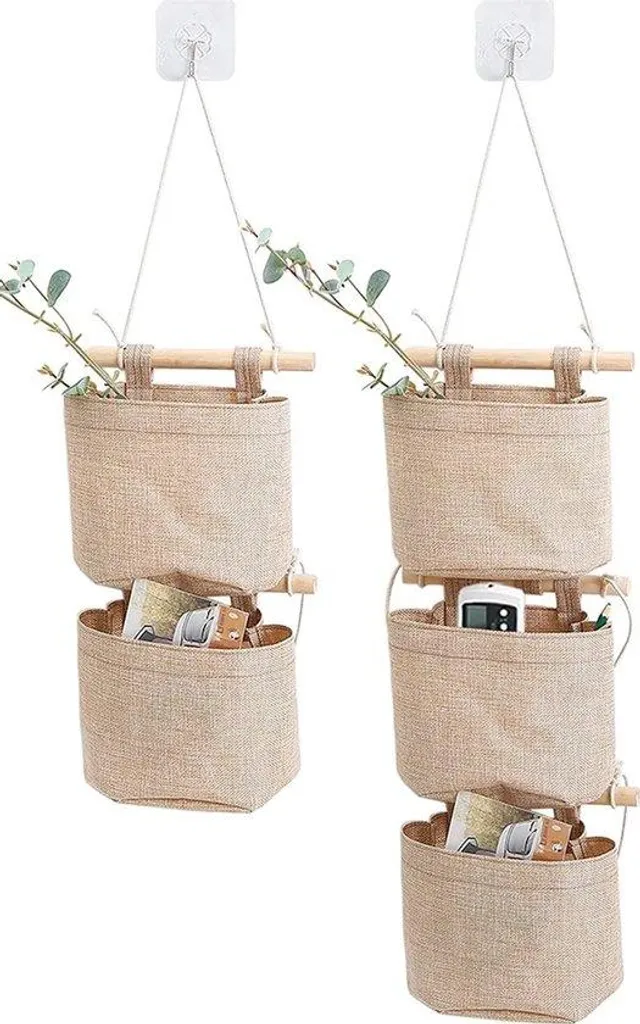 Porte-vêtements mural en coton kaki avec 5 poches de rangement - 95x35 cm