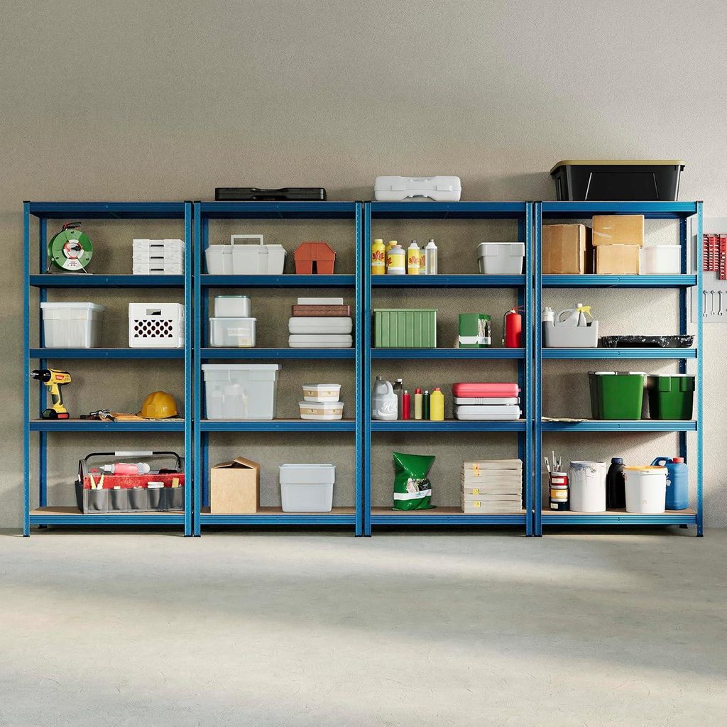 Garage Regal mit 5 Etagen - 875 kg Kapazität - Küchenregal - Stahl und MDF - Verzinkt, Schwarz, Blau oder Rot