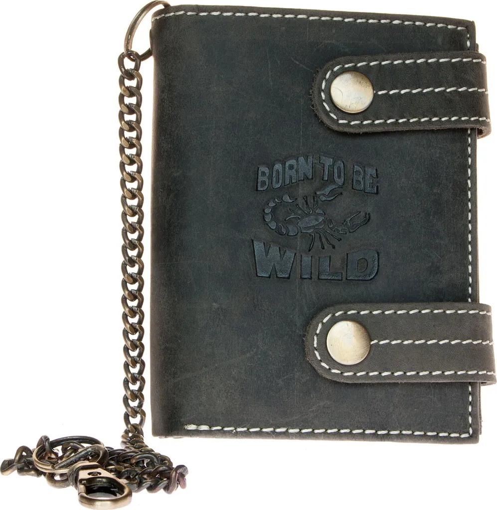 Portafoglio biker in pelle naturale Born to be wild con scorpione e catena in metallo