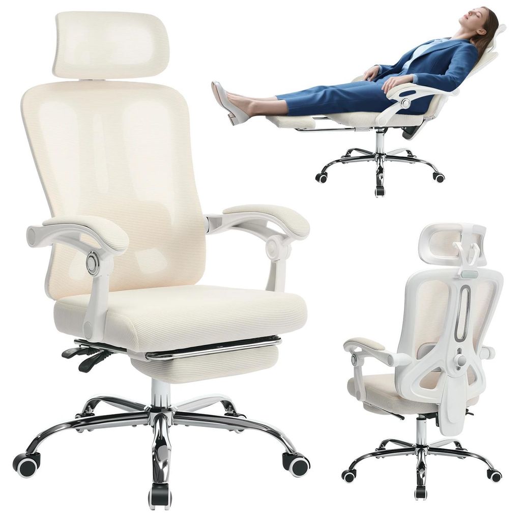 Ergonomischer Büro-/Gaming-Stuhl - Hohe Mesh-Rückenlehne - 360° drehbar - Höhenverstellbar - Kopfstütze & ausziehbare Fußstütze - Beige, gal...