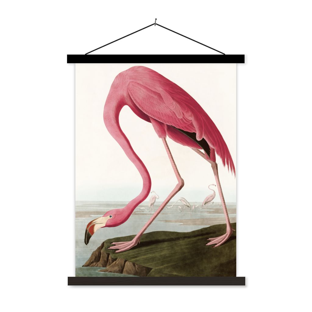 MuchoWow Textilposter Flamingo - Vogel - Vintage - Wasser - Rosa 120x160 cm mit schwarzem Rahmen - Magnetischer