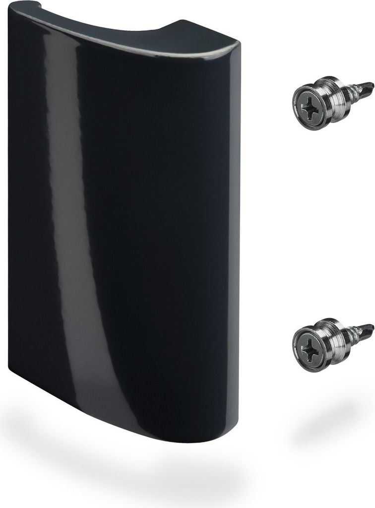 A black balcony door handle with two silver screws on a white background.
