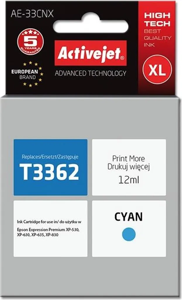 Cartouche Cyan Activejet AE-33CNX remplace Epson 33XL T3362 Supreme