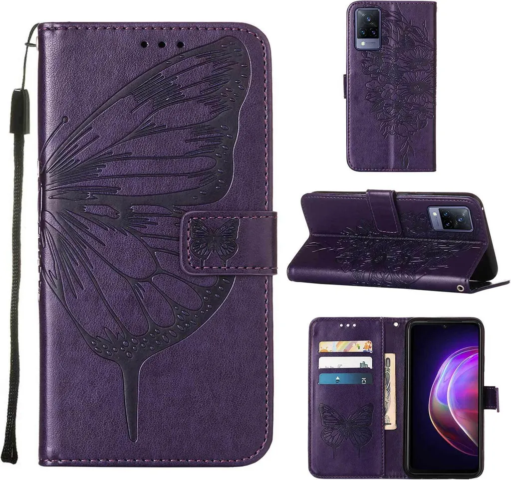 Custodia VIVO V21 5G Farfalla Viola - Cover Libro con Porta Carte e Stand