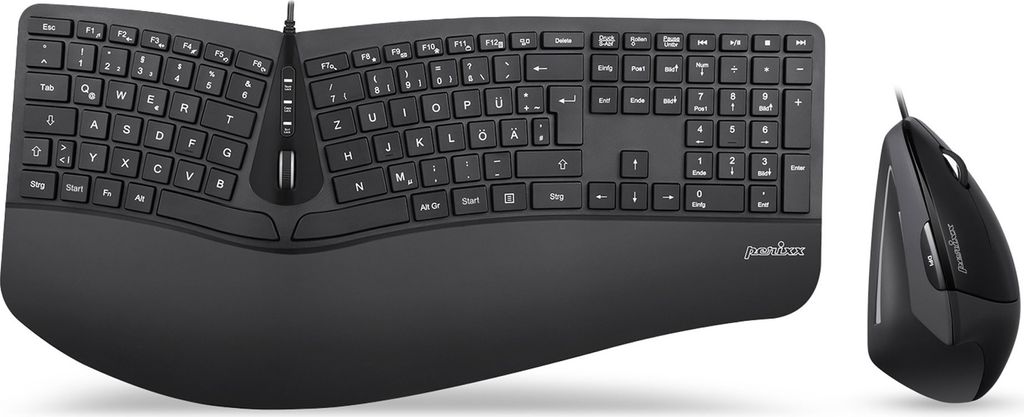 Perixx PERIDUO-505BDE USB Keyboard and mouse set German, QWERTZ Black Ergonomic, Gel wrist support mat, Multimedia buttons