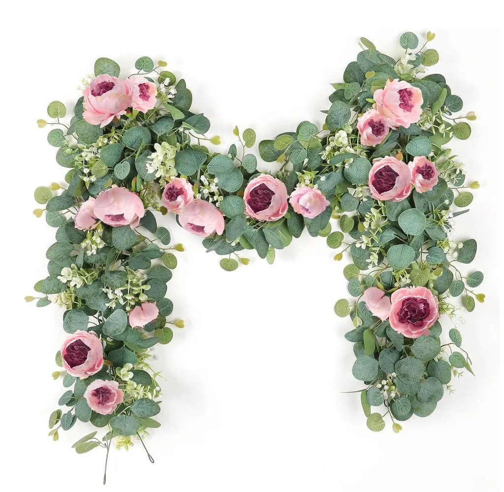 Guirlande pivoines roses et eucalyptus artificiel 2m avec vrilles souples