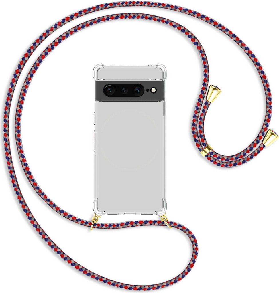 Handykette Backcover-Schutzhülle mit Band (Metall goldfarben) für Google Pixel 7 Pro - silber/blau/rot