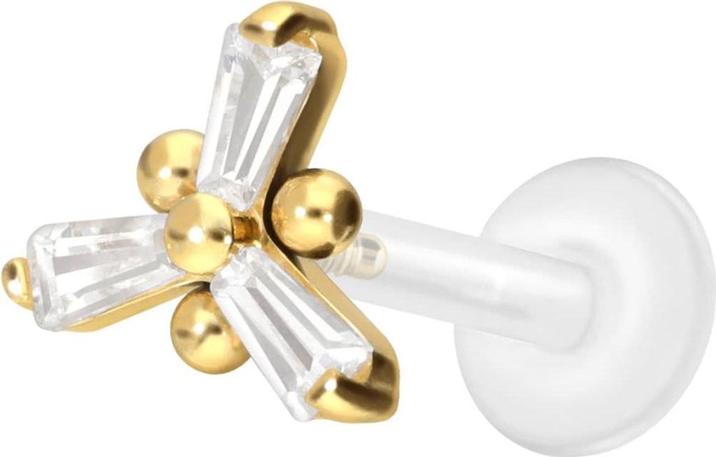 Ohrpiercing, Nasenpiercing PTFE Labret mit Innengewinde + Titan-Aufsatz KRISTALLBLUME Gold Stablänge: 9mm | Stabstärke: 1,2mm