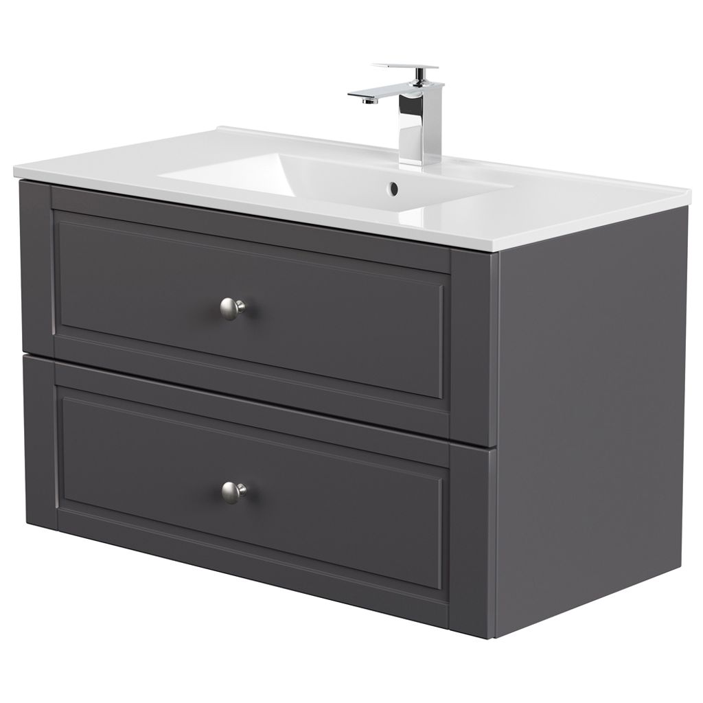 Waschtisch mit Waschbecken anthrazit Seidenglanz COLOMA-02 Badmöbel im Landhausstil, B/H/T: ca. 91/55,8/46,5 cm