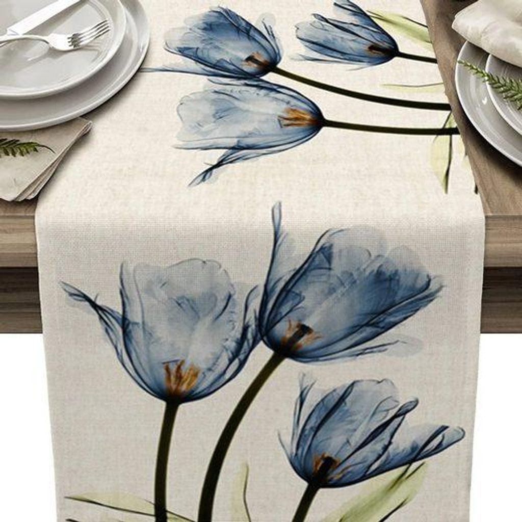 Tischläufer Blaue Blume 33x180cm Waschbare Tischdecke Floral