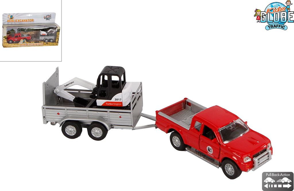 Kids Globe Pick-Up mit Anhänger + Minibagger Kinderspielzeug Baustellenfahrzeuge